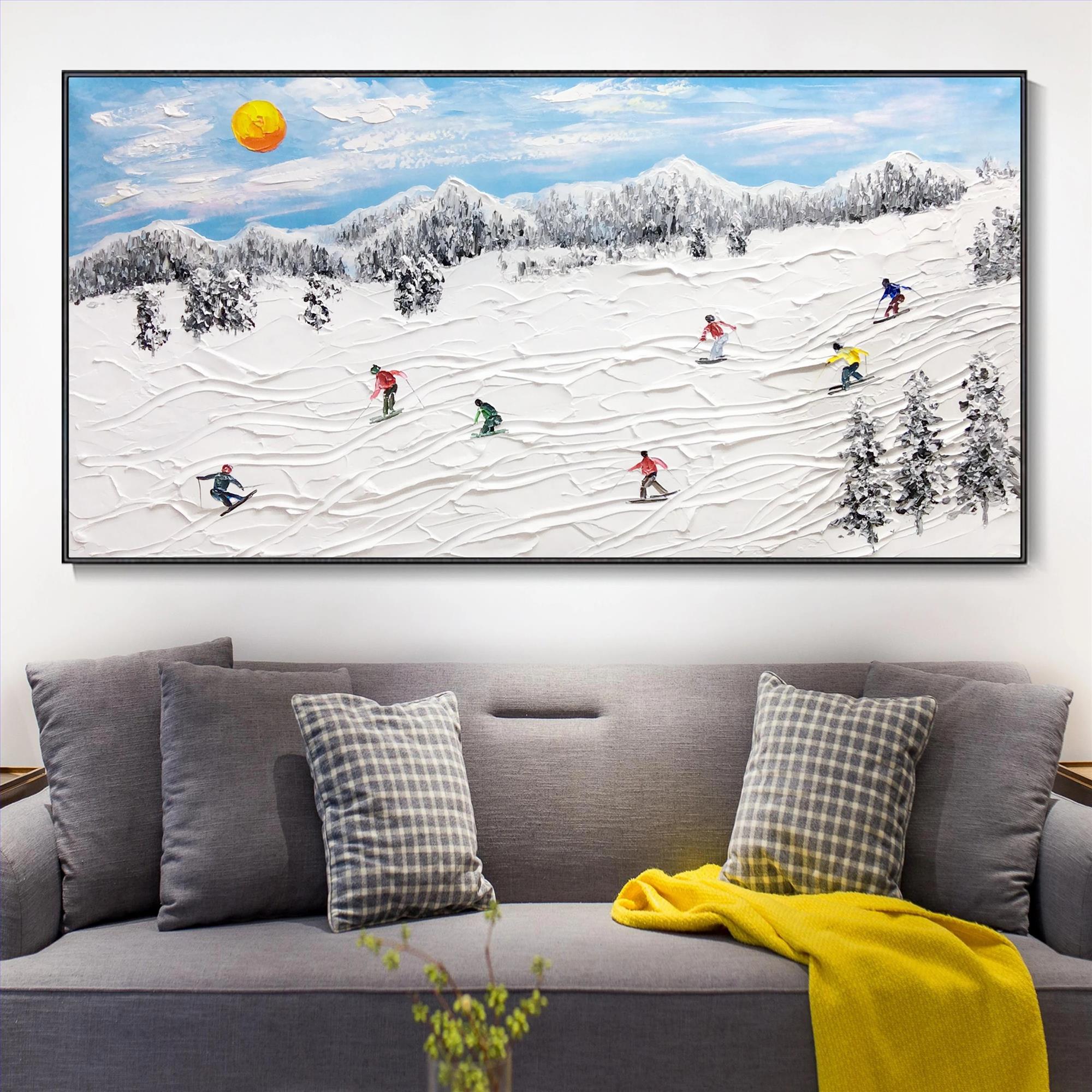 Skifahrer auf Schneebedeckter Berg Wandkunst Sport Weißer Schnee Skifahren Zimmerdekoration von Messer 18 Textur Ölgemälde